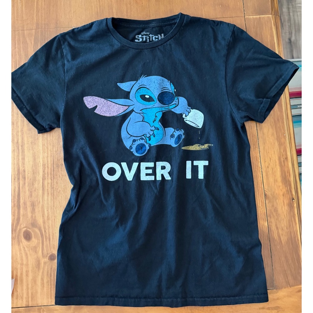 Disney Lilo and Stitch Over It Coffee Graphic T-Shirt Black Small Womens Tee